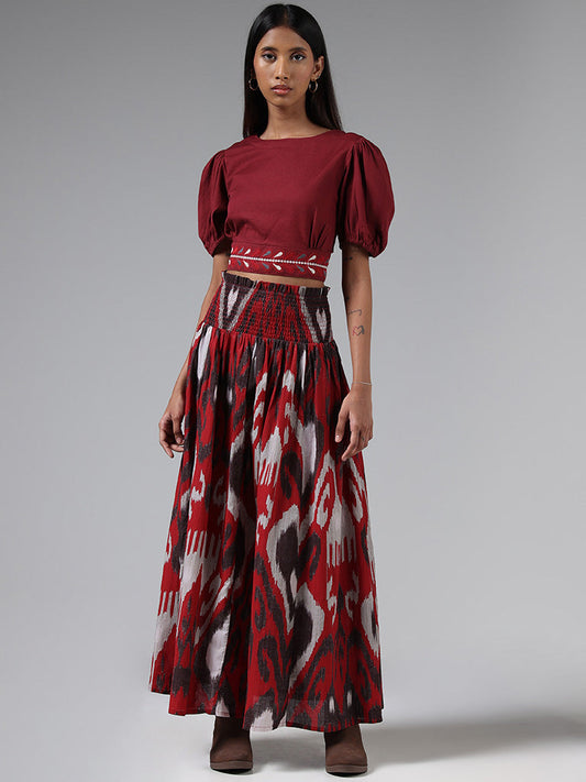 Bombay Paisley Maroon Ikat Printed Smock Skirt