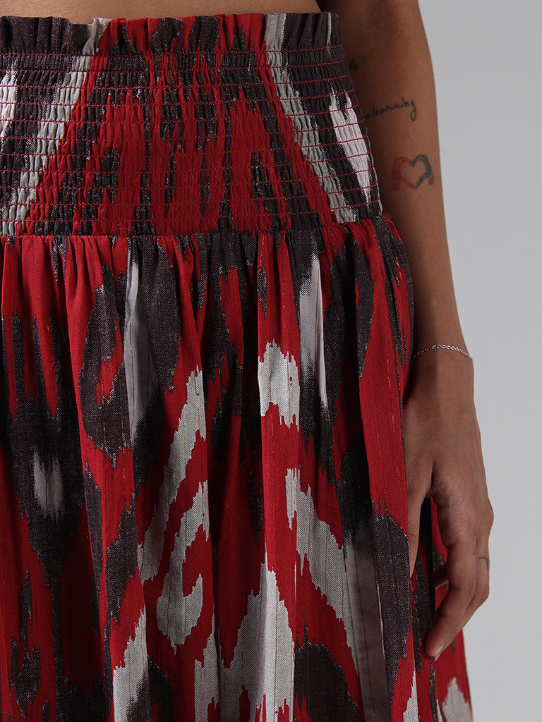 Bombay Paisley Maroon Ikat Printed Smock Skirt