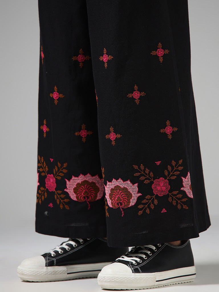 Bombay Paisley Floral Embroidered Black Blended Linen Palazzos