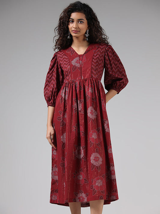 Bombay Paisley Maroon Floral Printed Cotton Blend Tiered Dress