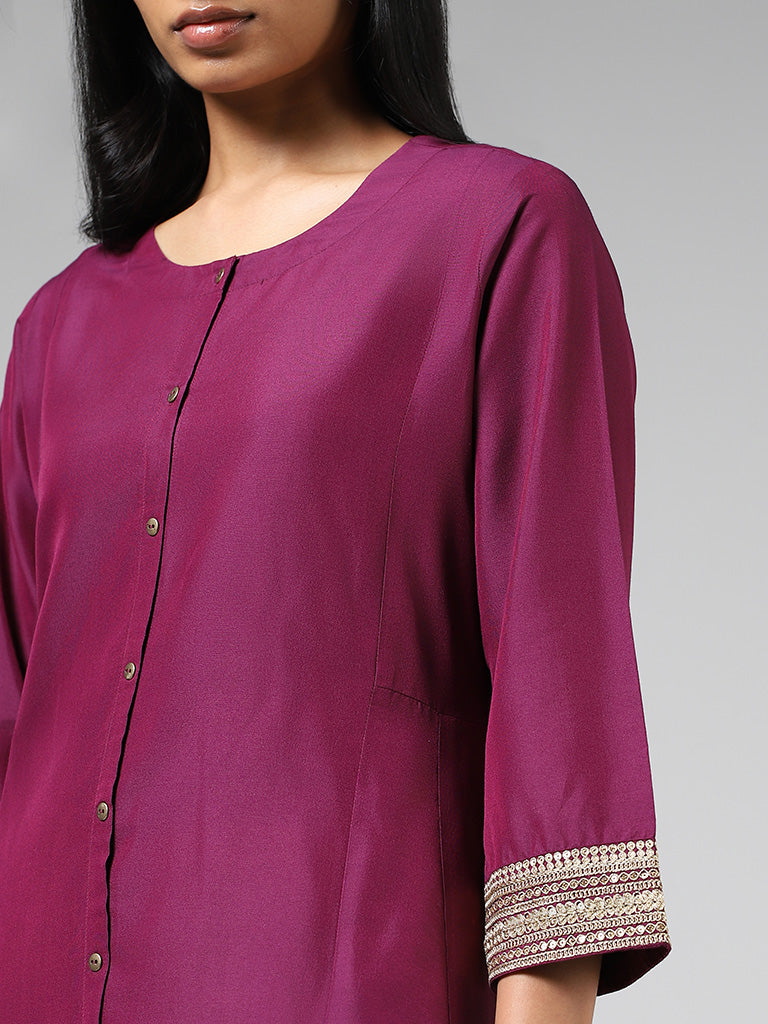 Utsa Plum Zari Embroidered Sleeves Buttoned Down Kurta