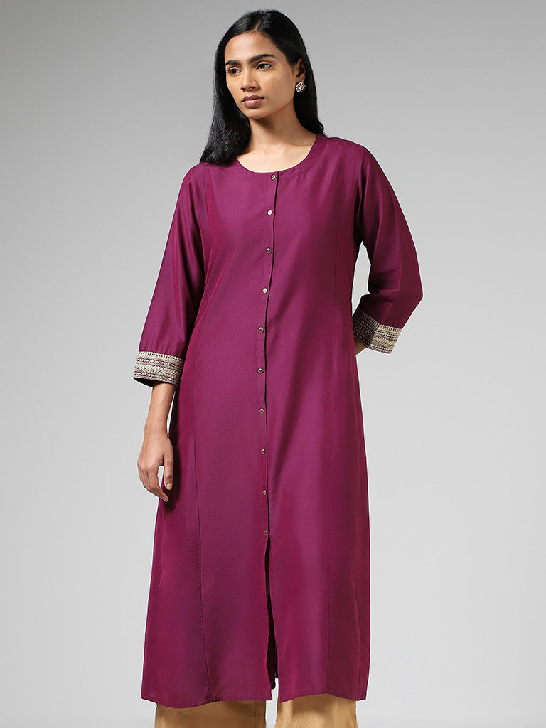 Utsa Plum Zari Embroidered Sleeves Buttoned Down Kurta