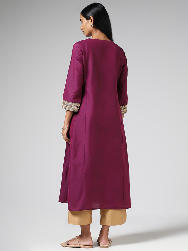 Utsa Plum Zari Embroidered Sleeves Buttoned Down Kurta