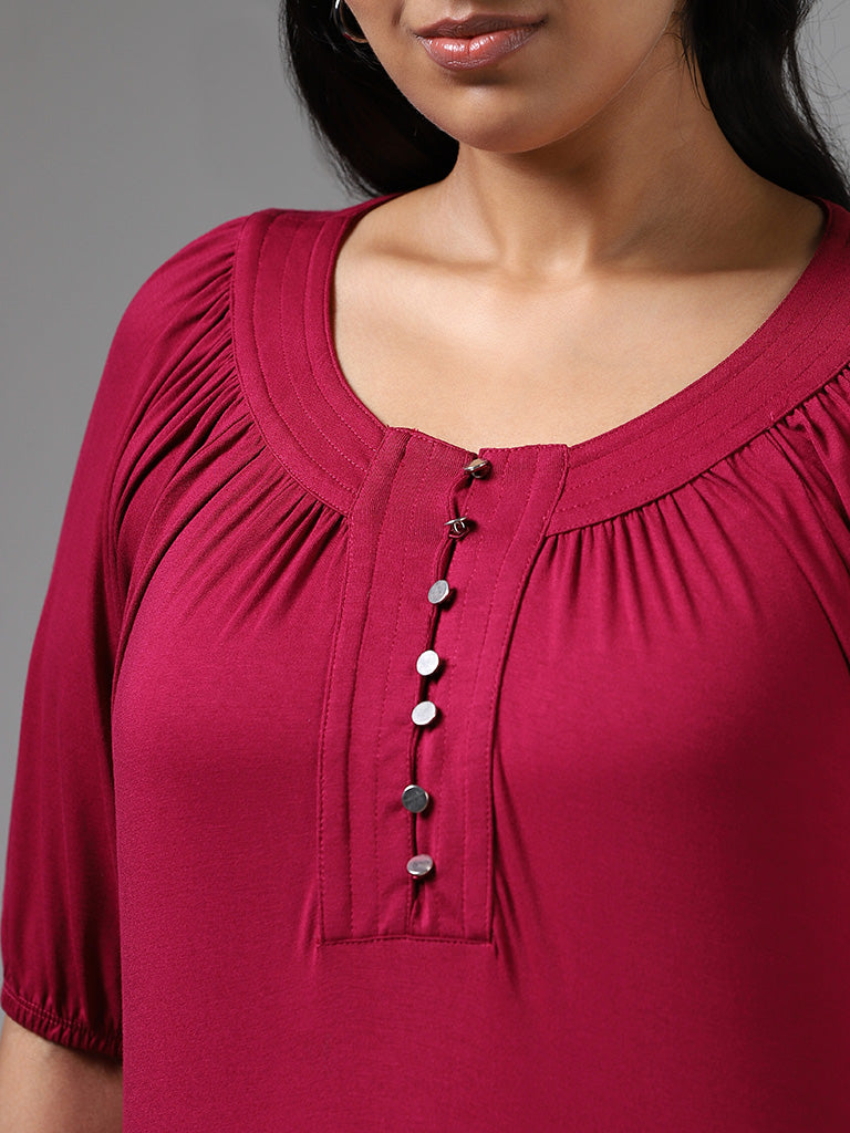 Gia Maroon Button Accent Pleated Top