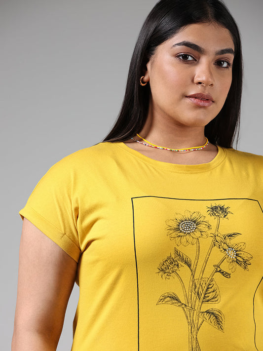 Gia Yellow Floral Printed Embellished Cotton T-Shirt