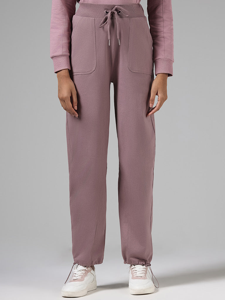 Studiofit Solid Pink Cotton Relaxed-Fit Mid-Rise Joggers