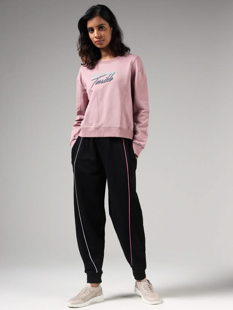 Studiofit Pink Typographic Printed Cotton Blend Sweatshirt