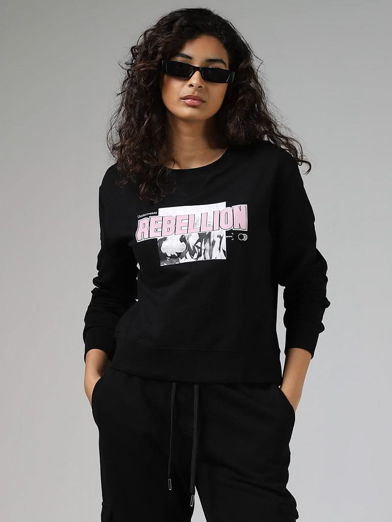 Studiofit Black Typographic Cotton Blend Sweatshirt