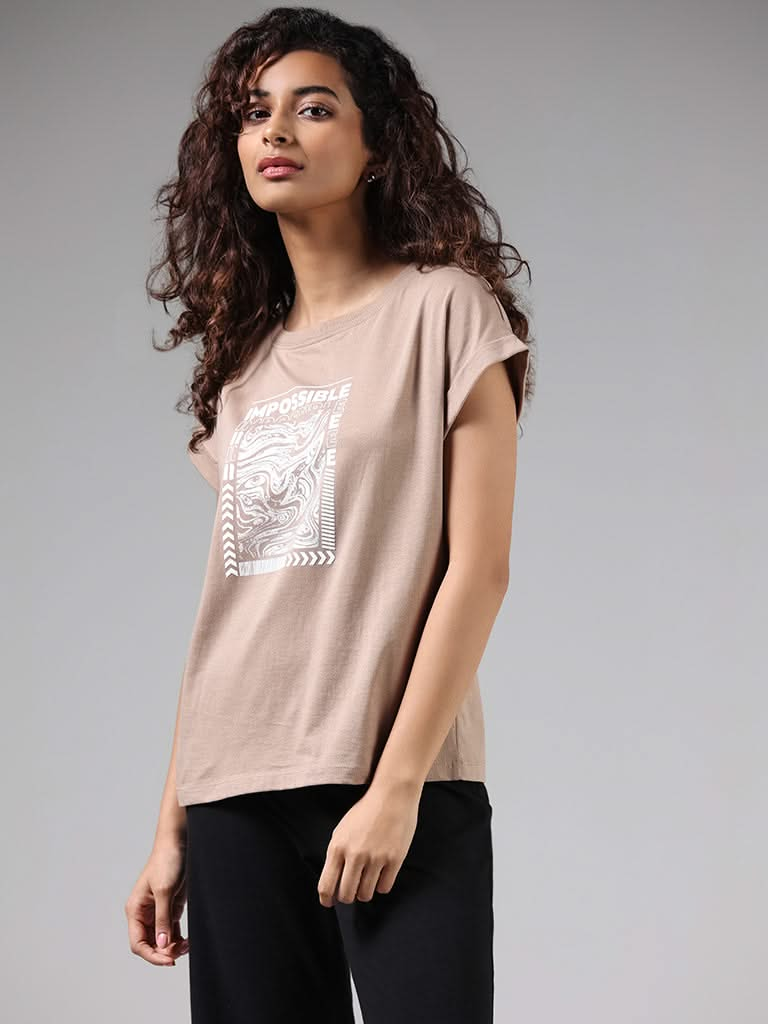 Studiofit Graphic Printed Beige Cotton T-Shirt