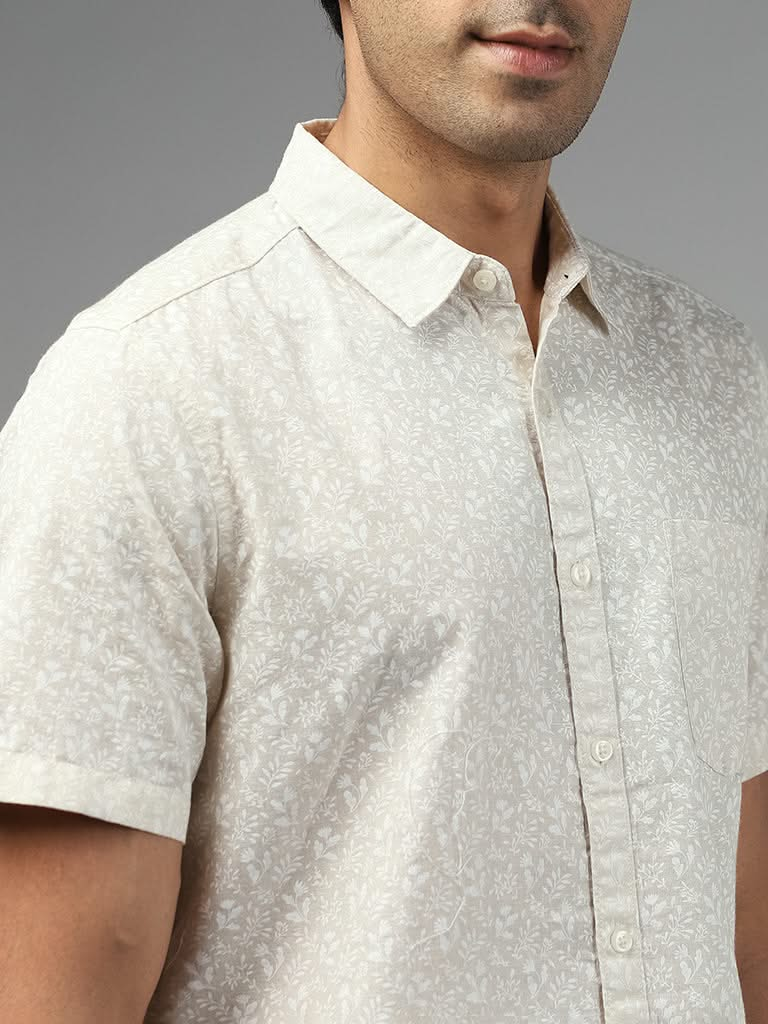 WES Casuals Beige Floral Printed Slim-Fit Blended Linen Shirt