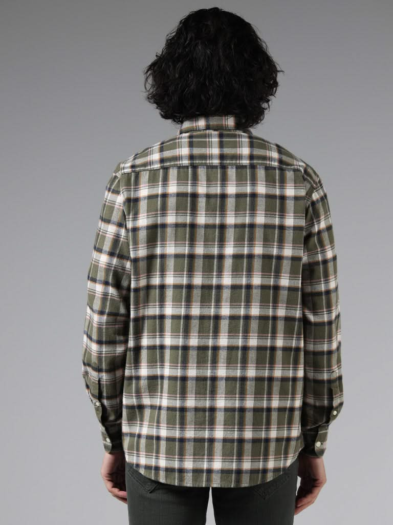 WES Casuals Olive Checked Cotton Relaxed-Fit Shirt