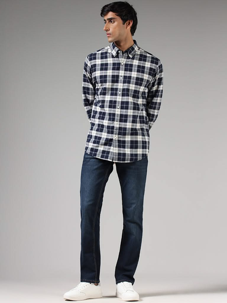 WES Casuals Navy Plaid Checked Cotton Relaxed-Fit Shirt