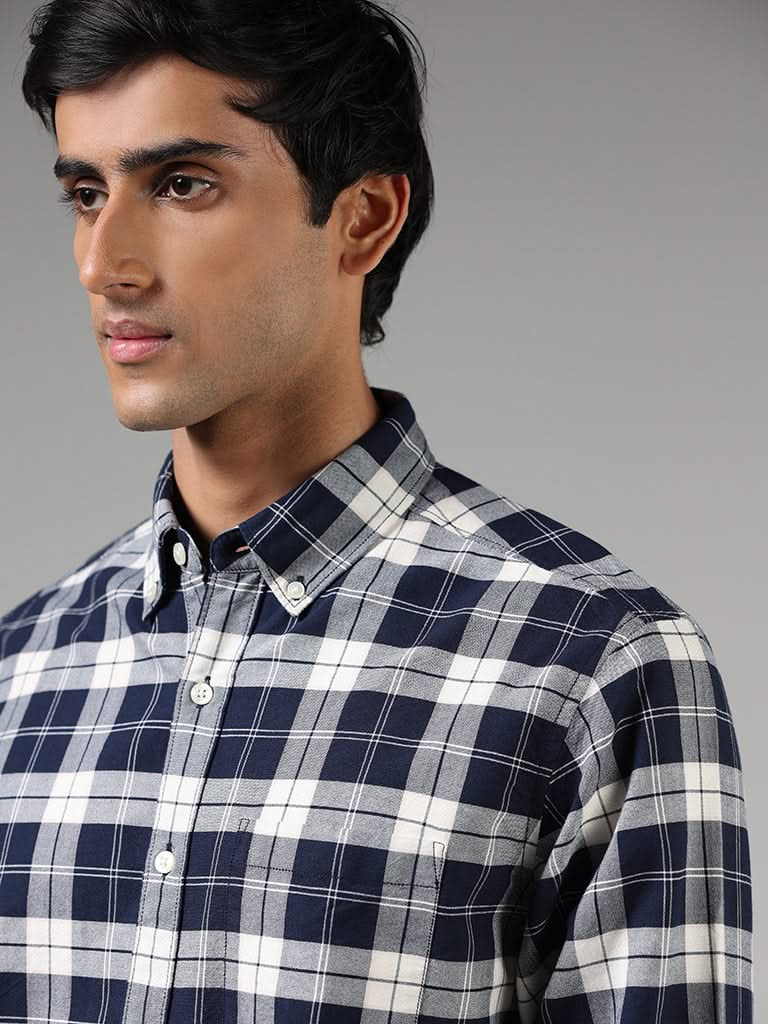 WES Casuals Navy Plaid Checked Cotton Relaxed-Fit Shirt