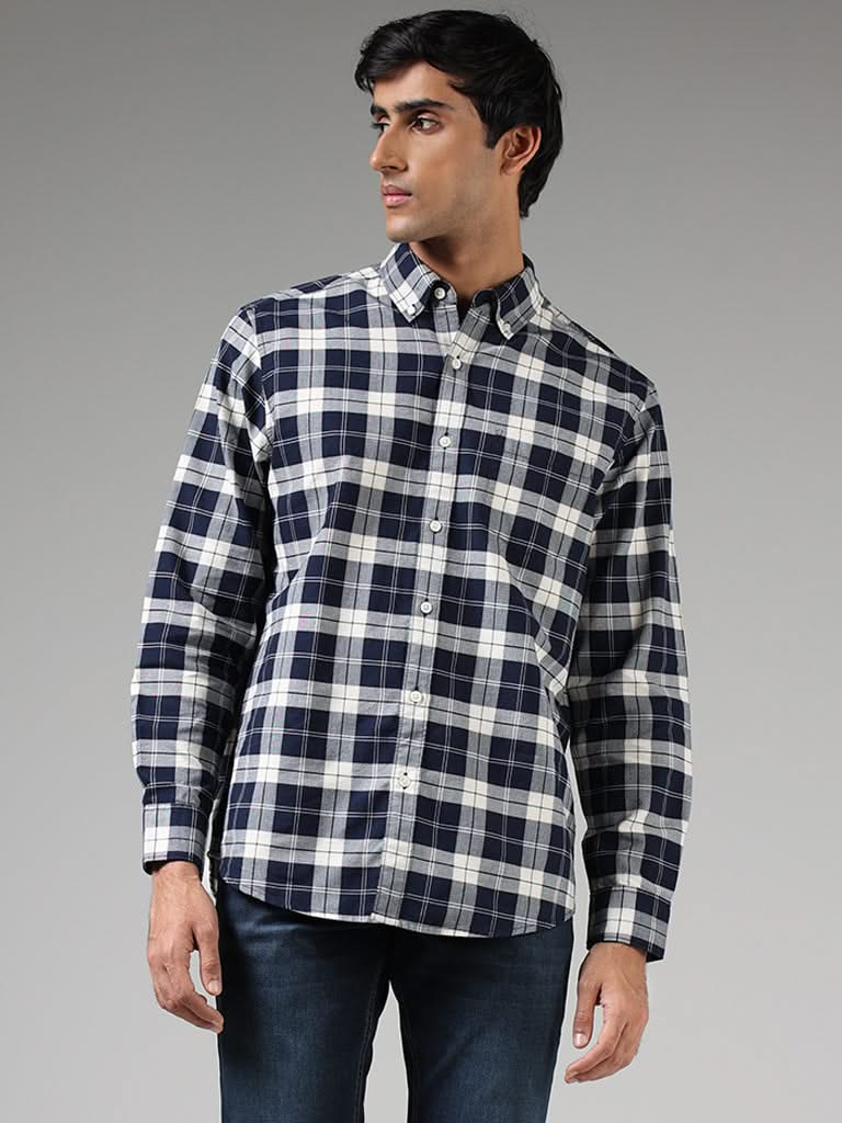 WES Casuals Navy Plaid Checked Cotton Relaxed-Fit Shirt