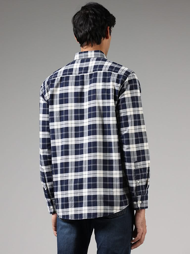 WES Casuals Navy Plaid Checked Cotton Relaxed-Fit Shirt