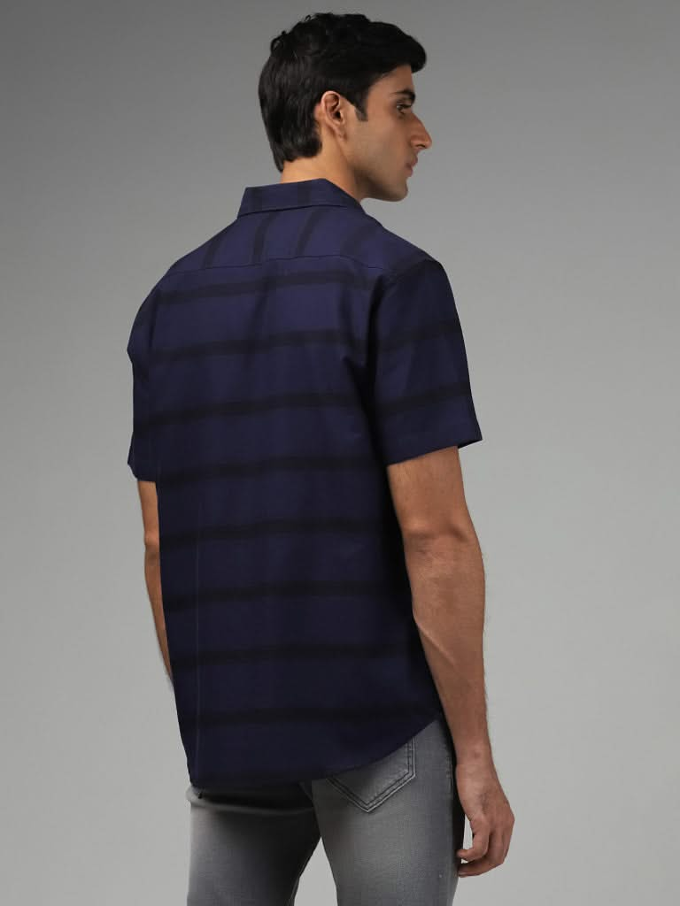 WES Casuals Navy Striped Cotton Relaxed-Fit Shirt