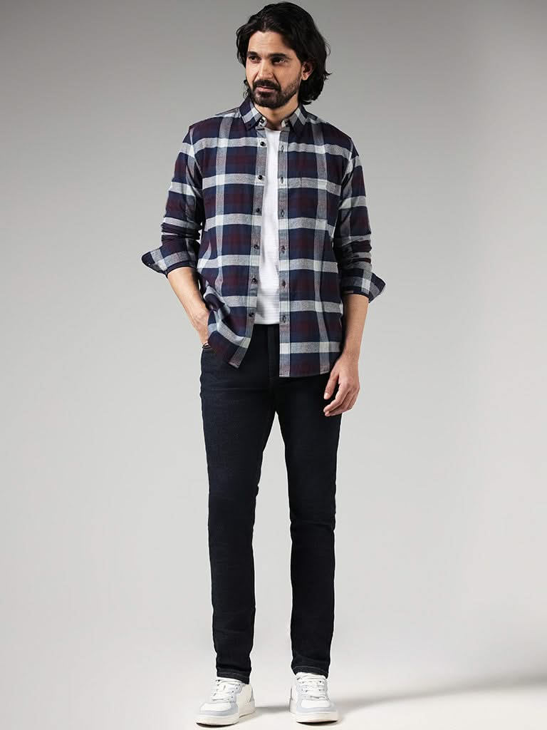 WES Casuals Wine Checked Cotton Slim-Fit Shirt