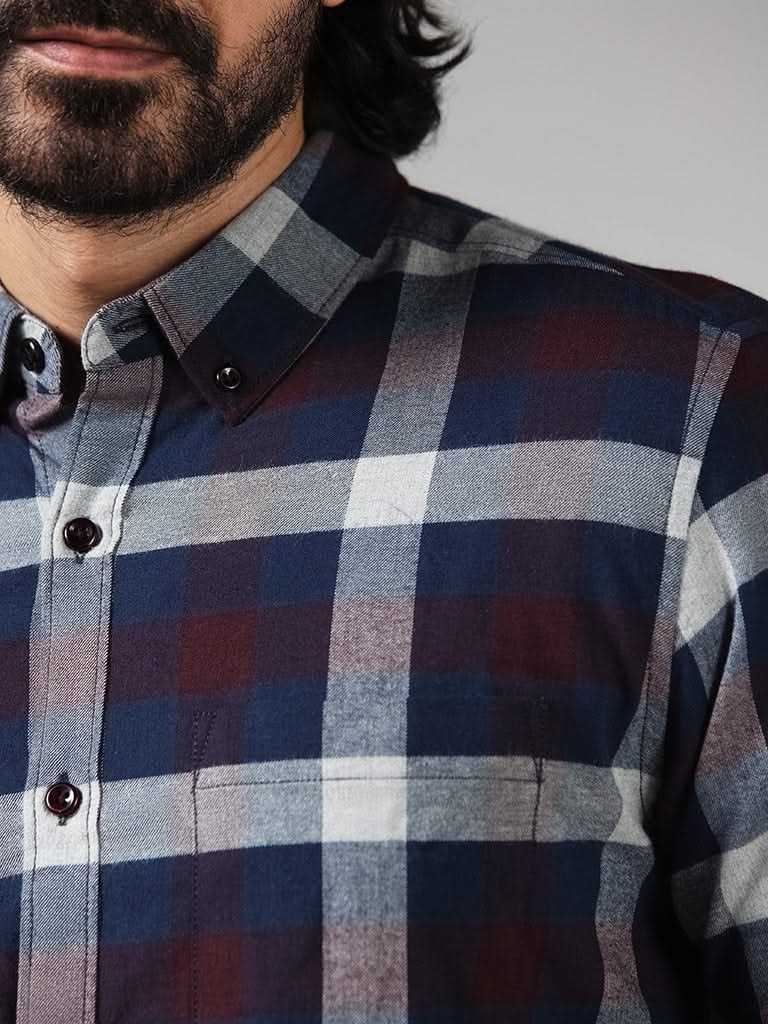 WES Casuals Wine Checked Cotton Slim-Fit Shirt