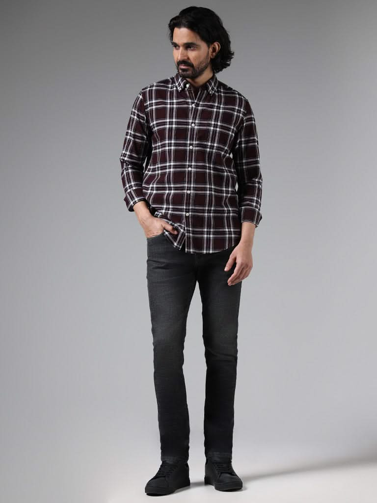 WES Casuals Wine Checked Cotton Slim-Fit Shirt