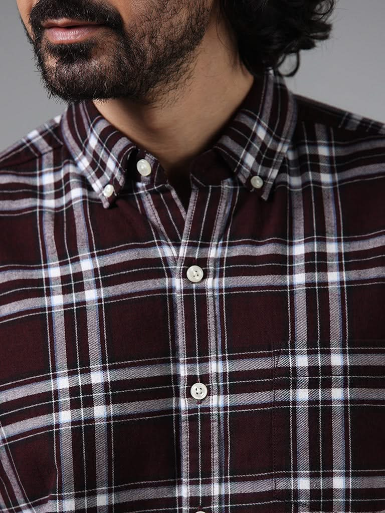 WES Casuals Wine Checked Cotton Slim-Fit Shirt