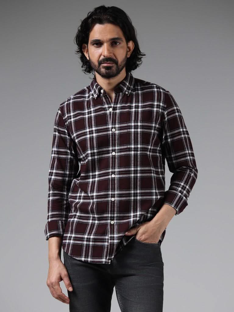 WES Casuals Wine Checked Cotton Slim-Fit Shirt