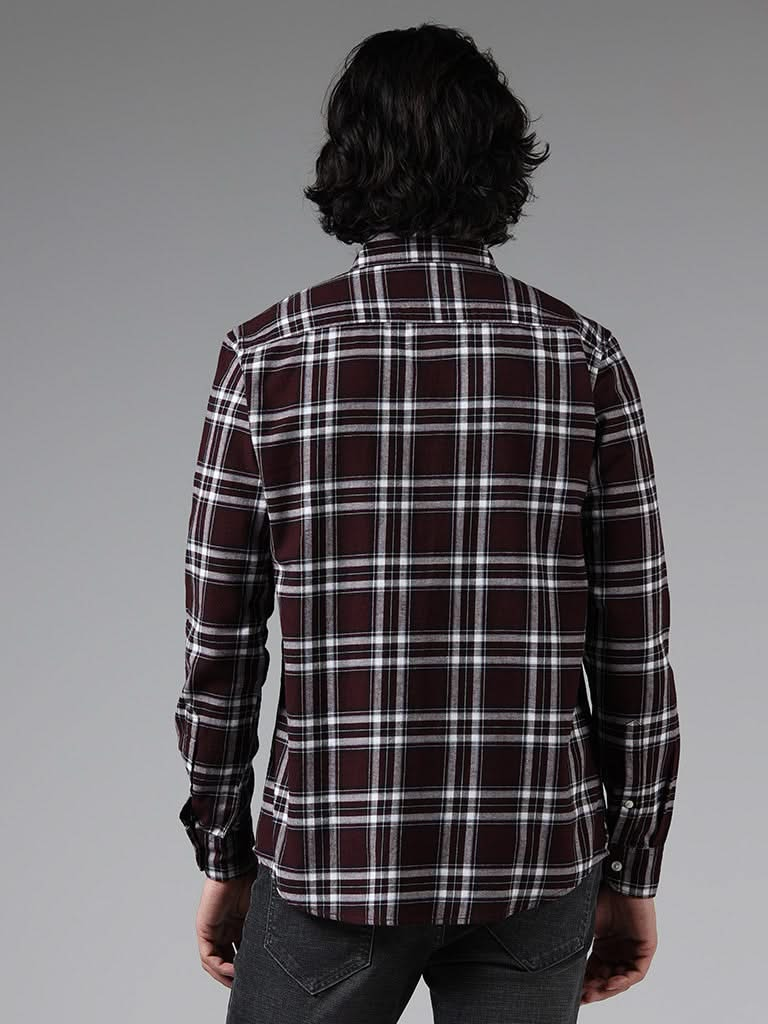 WES Casuals Wine Checked Cotton Slim-Fit Shirt