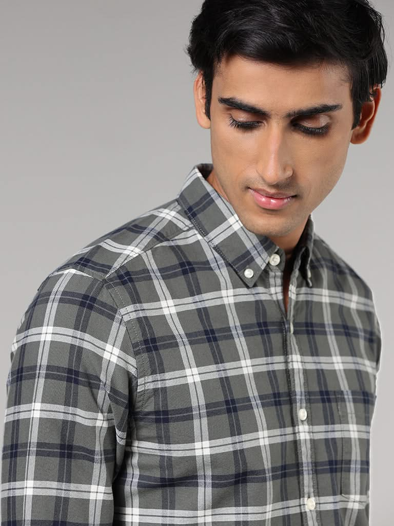 WES Casuals Olive Checked Slim-Fit Shirt