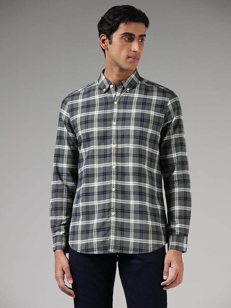 WES Casuals Olive Checked Slim-Fit Shirt