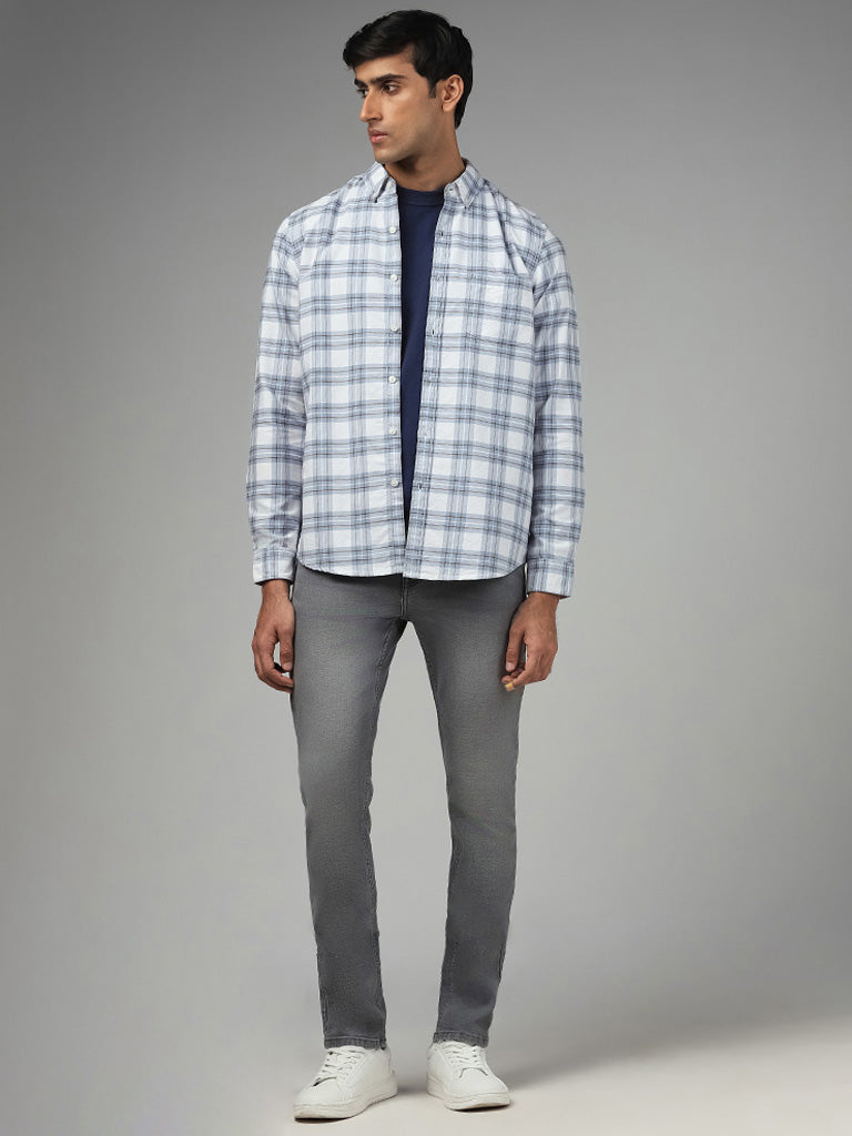 WES Casuals Blue Plaid Checked Cotton Slim-Fit Shirt