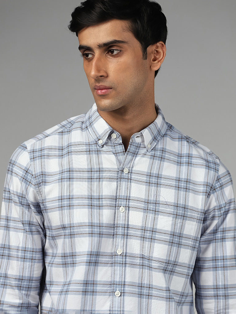 WES Casuals Blue Plaid Checked Cotton Slim-Fit Shirt