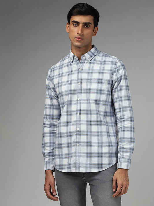 WES Casuals Blue Plaid Checked Cotton Slim-Fit Shirt