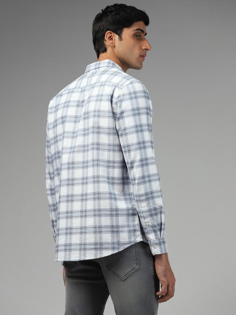 WES Casuals Blue Plaid Checked Cotton Slim-Fit Shirt