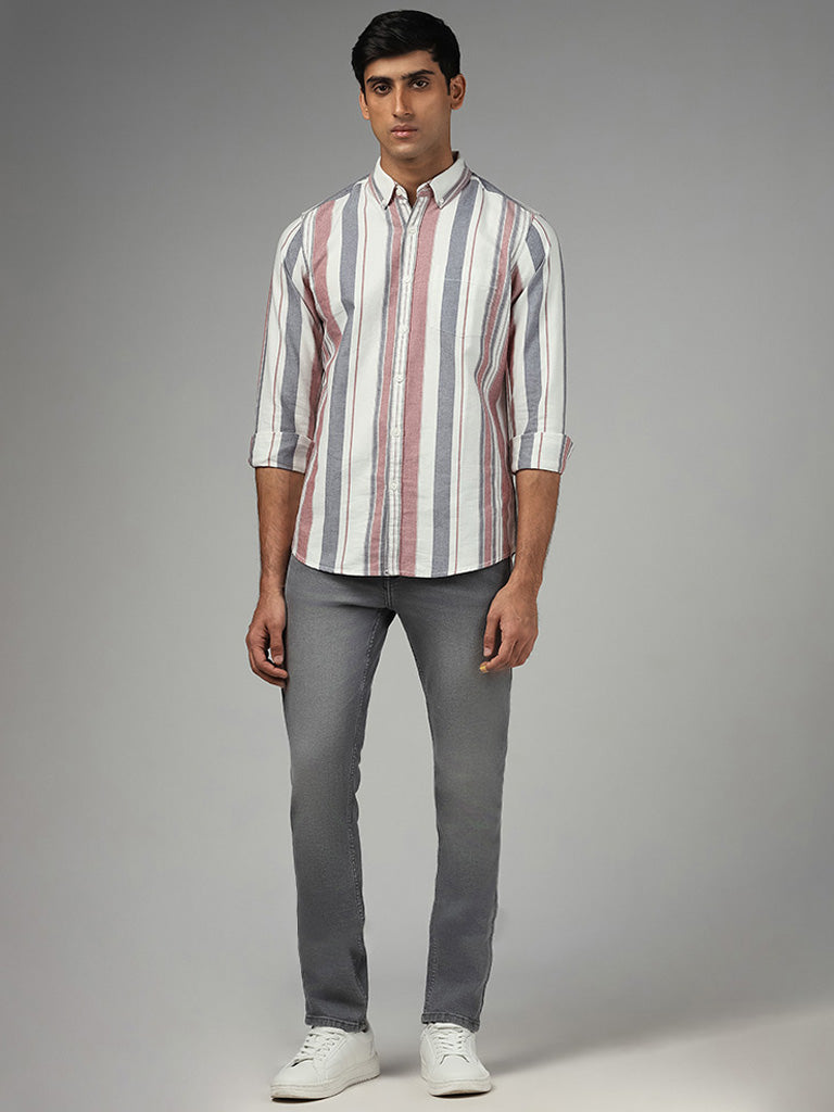 WES Casuals Off White Striped Cotton Slim-Fit Shirt