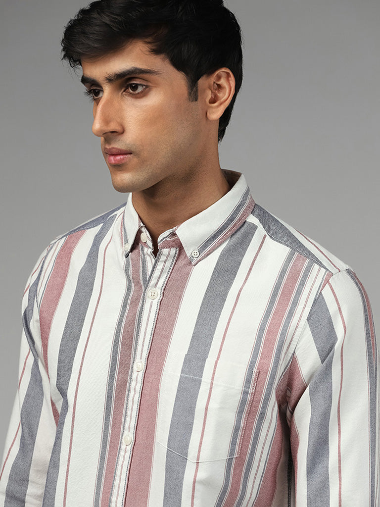 WES Casuals Off White Striped Cotton Slim-Fit Shirt