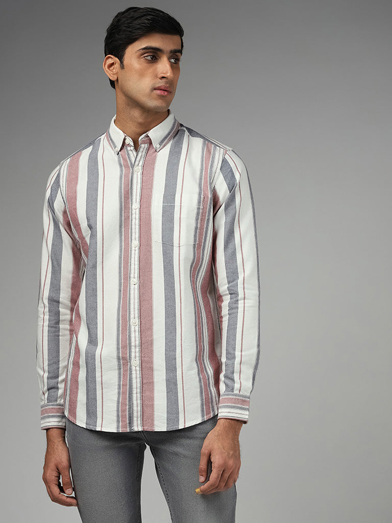 WES Casuals Off White Striped Cotton Slim-Fit Shirt