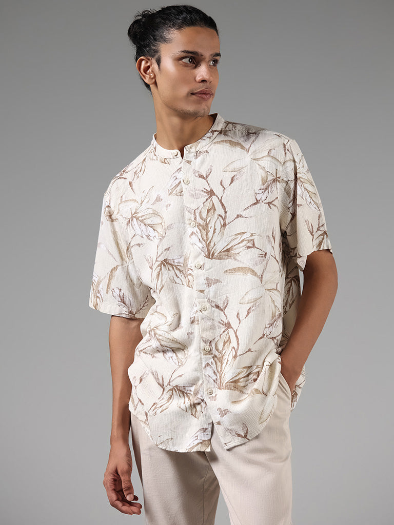 ETA Beige Floral Printed Cotton Resort-Fit Shirt