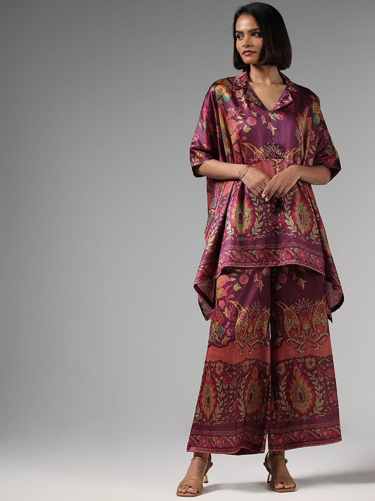 Vark Purple Nature Printed Kurta with Palazzos Set