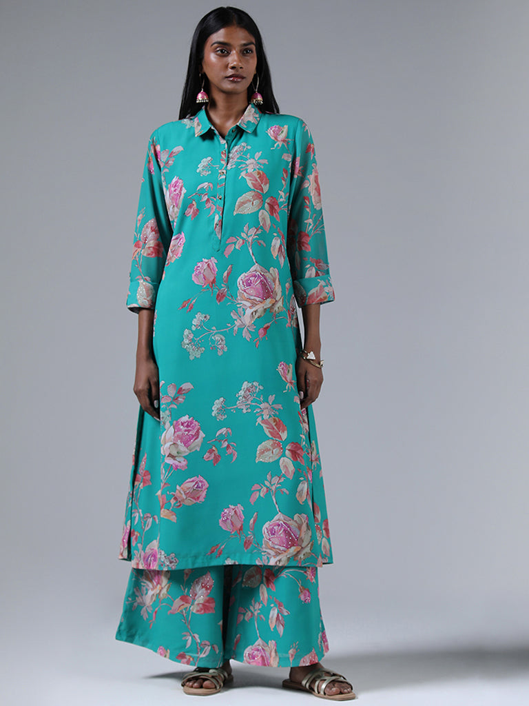 Vark Green Floral Printed Kurta and Palazzos Set