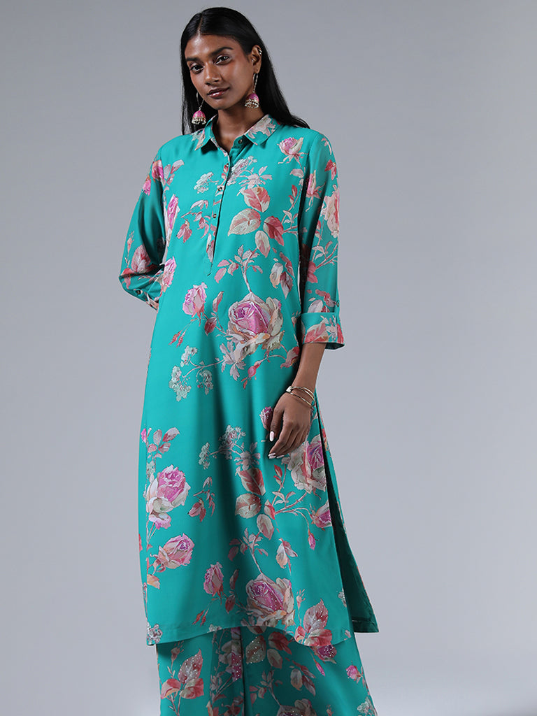 Vark Green Floral Printed Kurta and Palazzos Set