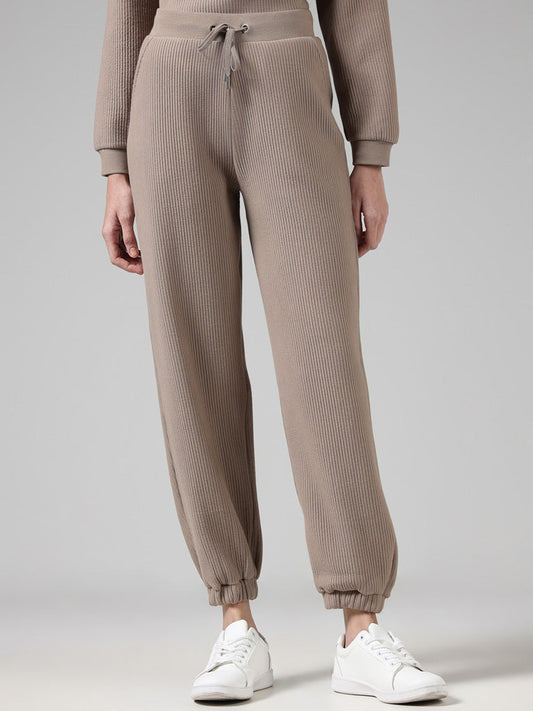 Studiofit Beige Ribbed High-Waisted Joggers