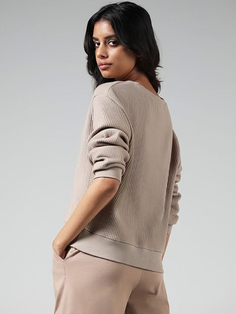 Studiofit Beige Self-Striped Sweatshirt