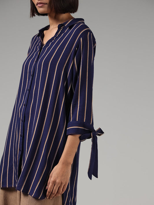 LOV Indigo Blue Striped Tie-Up Sleeves Shirt