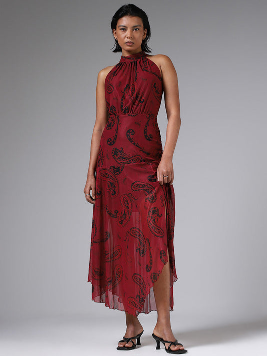 LOV Mango Paisley Printed Maroon Dress