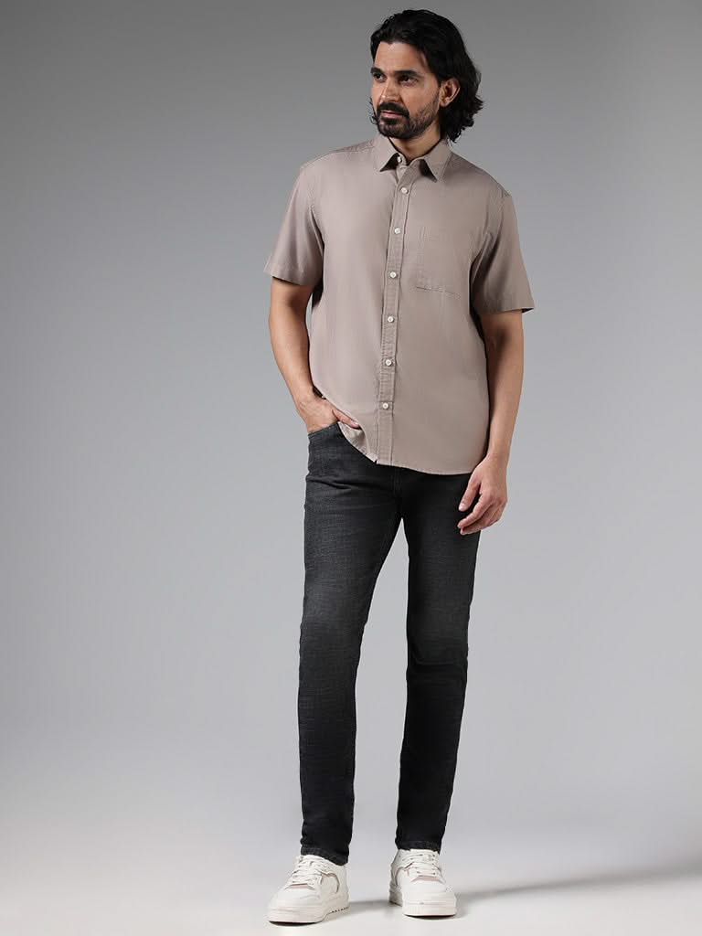 WES Casuals Solid Beige Cotton Blend Relaxed-Fit Shirt