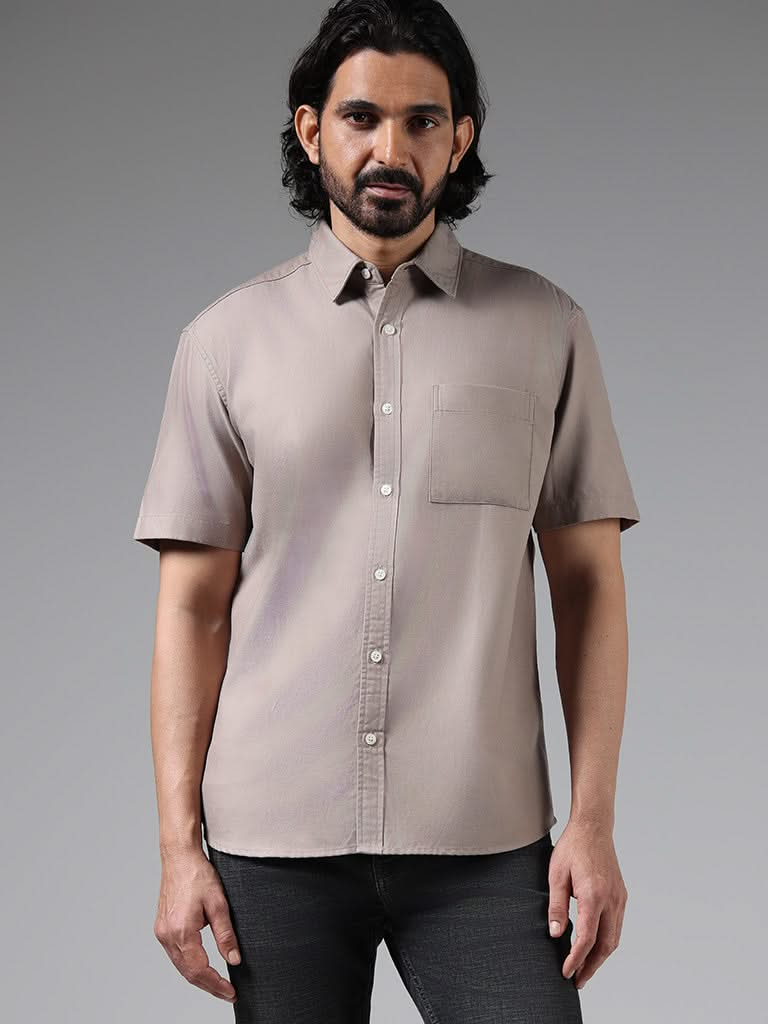 WES Casuals Solid Beige Cotton Blend Relaxed-Fit Shirt