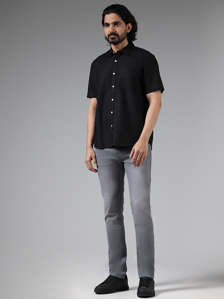 WES Casuals Solid Black Cotton Blend Relaxed-Fit Shirt