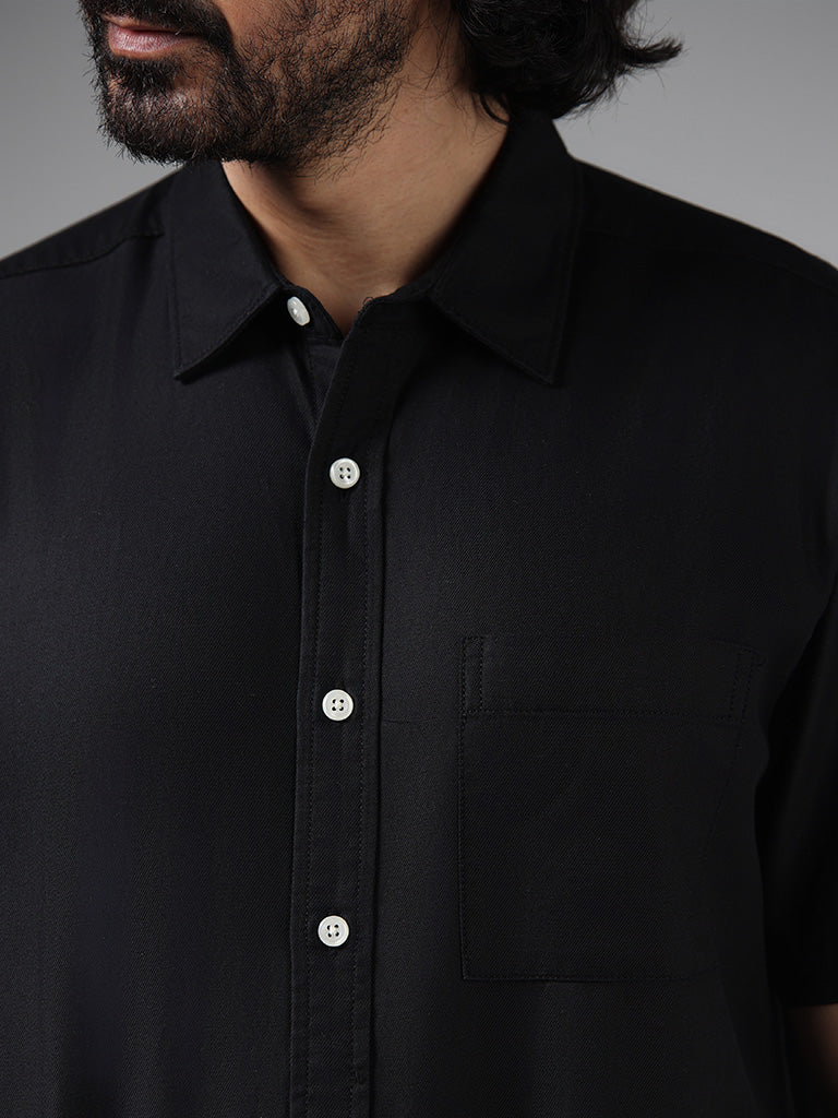 WES Casuals Solid Black Cotton Blend Relaxed-Fit Shirt