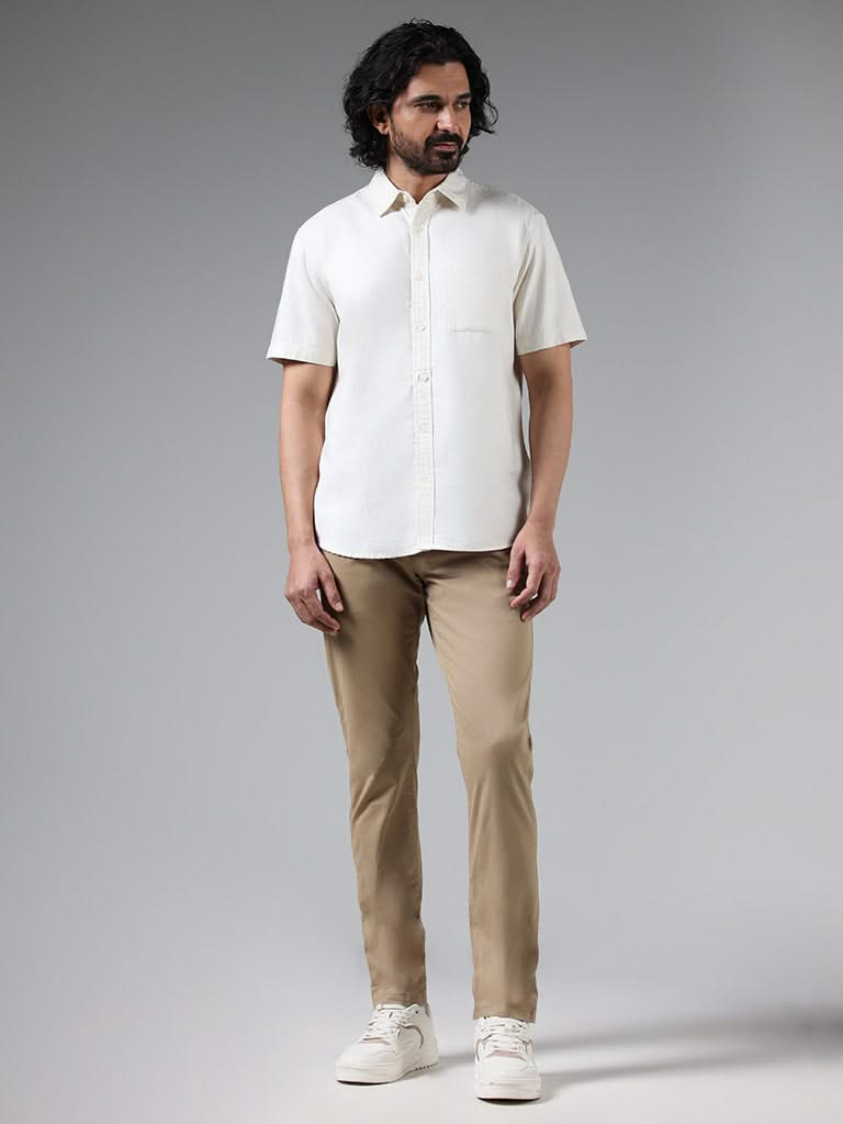 WES Casuals Solid White Cotton Blend Relaxed-Fit Shirt