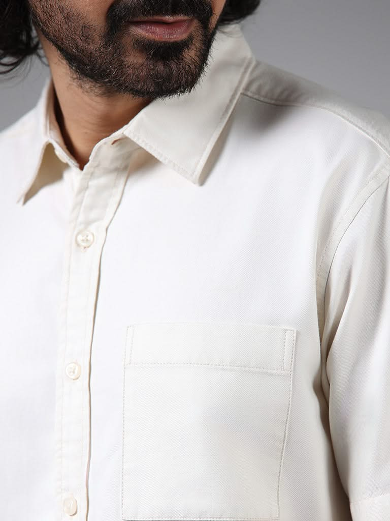 WES Casuals Solid White Cotton Blend Relaxed-Fit Shirt