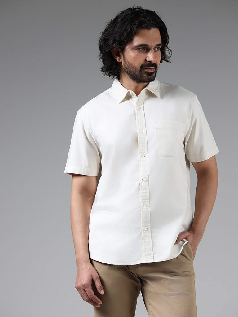 WES Casuals Solid White Cotton Blend Relaxed-Fit Shirt